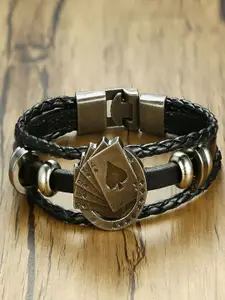 UNIVERSITY TRENDZ Men Black & Silver-Toned Leather Multistrand Bracelet