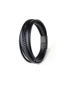 UNIVERSITY TRENDZ Men Black Leather Silver-Plated Multistrand Bracelet