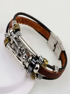 UNIVERSITY TRENDZ Men Brown & Silver-Toned Leather Multistrand Bracelet