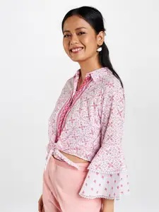 Global Desi Pink & Off White Geometric Print Shirt Style Crop Top