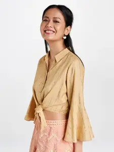 Global Desi Beige Striped Shirt Style Crop Top