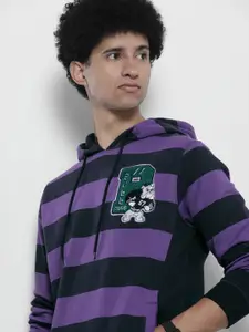 The Indian Garage Co Men Purple & Navy Blue Striped Hooded Sweatshirt