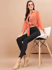 KASSUALLY Women Orange & Blue Printed High Low Knotted Shrug