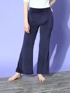 DRAPE IN VOGUE Women Deep Navy Blue Solid Velvet Lounge Pants