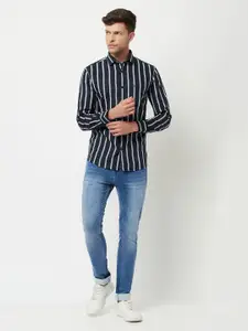 Crimsoune Club Men Navy Blue Slim Fit Striped Casual Shirt