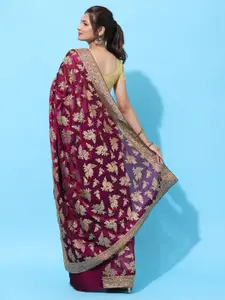 kasee Maroon & Gold-Toned Floral Embroidered Art Silk Heavy Work Saree