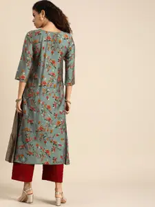 Sangria Women Teal Green & Red Ethnic Motifs Printed Kurta