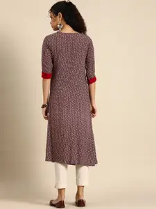 Sangria Women Maroon & Navy Blue Ethnic Motifs Printed Kurta