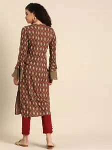 Sangria Women Brown & Red Ethnic Motifs Printed Bell Sleeves Kurta