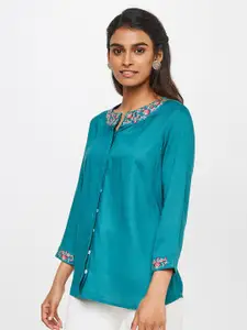 Global Desi Women Teal Solid Neck Embroidered Top