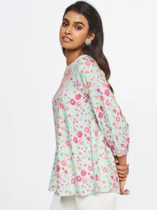 Global Desi Women Blue Floral Print Keyhole Neck Top