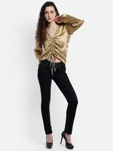 MARZENI Women Beige Solid Satin V-Neck Crop Top