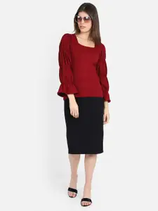 MARZENI Women Maroon Solid Puff Sleeve Top