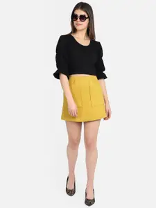 MARZENI Women Black Solid Cotton Blend Round Neck Top