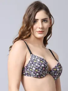 PrettyCat Black & Pink Floral Bra Underwired Heavily Padded