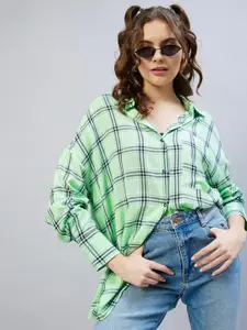 CHIMPAAANZEE Women Green Oversized Tartan Checks Casual Shirt