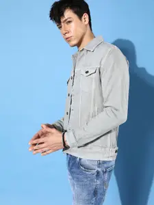 WROGN Men Grey Solid Pure Cotton Denim Jacket