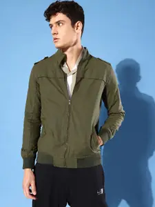 WROGN Men Olive Green Solid Pure Cotton Bomber Jacket