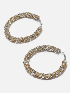 SOHI Women Gold Plated White Beaded Contemporary Hoop Earrings