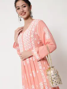 PARAMOUNT CHIKAN Women Peach-Coloured & White Ethnic Motifs Embroidered Chikankari Kurta