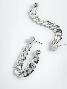 MANGO Silver-Toned Contemporary Link Double Sided Drop Earrings