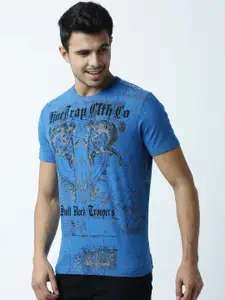Huetrap Men Blue Printed Round Neck T-shirt