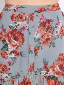 La Zoire Women Grey & Orange Floral Printed Midi Skirts