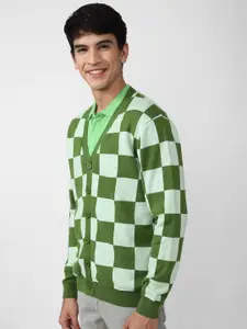 FOREVER 21 Men Green & Olive Green Checked Pure Cotton Cardigan