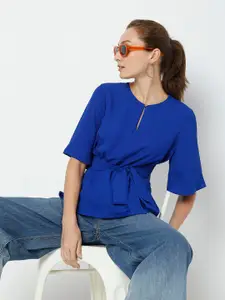 Vero Moda Women Blue Keyhole Neck Cinched Waist Top