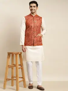SOJANYA Men Cream-Coloured Pure Cotton Kurta with Churidar & Nehru Jacket