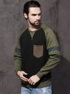 Roadster Men Black & Olive Green Solid Sweatshirt