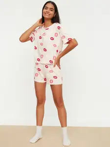 Trendyol Women Pink & White Printed Cotton Night suit