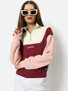 Campus Sutra Women Maroon Colourblocked Sweatshirt