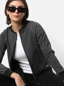Campus Sutra Women Charcoal Solid Zipper Cotton Sweatshirt