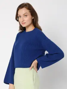 Vero Moda Women Blue Ribbed Acrylic Pullover Sweater