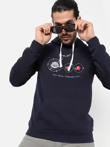 Campus Sutra Men Navy Blue Printed Hooded Sweatshirt