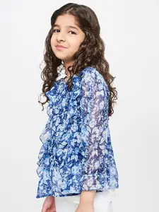 Global Desi Blue Floral Print Tie-Up Neck Top
