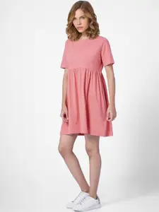 ONLY Women Pink Solid Cotton Fit and Flare Dress
