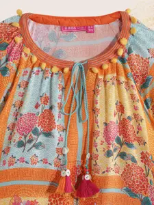 Biba Girls Orange & Yellow Floral Print Tie-Up Neck Top with Pom-Pom Hem