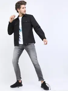 HIGHLANDER Men Black Slim Fit Double Flap pocket Polyester Casual Shirt