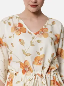 FFLIRTYGO Women Yellow & White Printed Kaftan Night suit with Matching Scrunchie