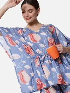 FFLIRTYGO Women Blue & White Printed Kaftan Night suit with Matching Scrunchie