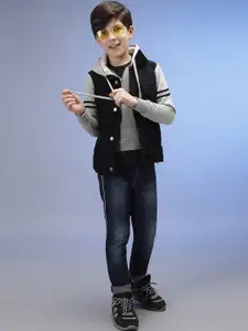 Instafab Boys Black Grey Colourblocked Outdoor Denim Jacket