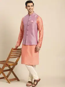 KISAH Men Peach-Coloured Kurta with Churidar & Nehru Jacket Set