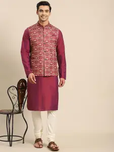 KISAH Men Maroon Kurta with Churidar & Nehru Jacket Set