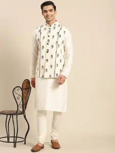KISAH Men White Kurta with Churidar & Nehru Jacket