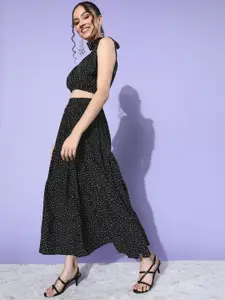 Sera Women Black Polka Dots Print Top with Skirt