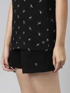 Enamor Women Black Printed Slim Fit Cotton Lounge Tshirts