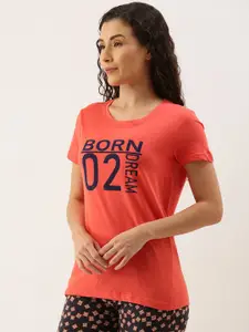 Kryptic Women Coral Orange & Navy Blue Typography Printed Lounge T-shirt