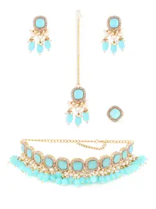 Zaveri Pearls Women Gold-Plated  Turquoise Blue Stone-Studded & Beaded Choker Necklace